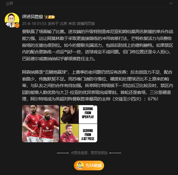 詹俊：曼联赢了方位输了比赛，阿森纳算是“丑陋地赢球”