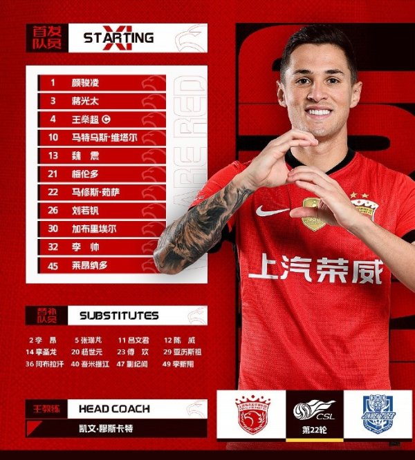 中超联赛第22轮上海海港vs天津津门虎，当天首发名单。