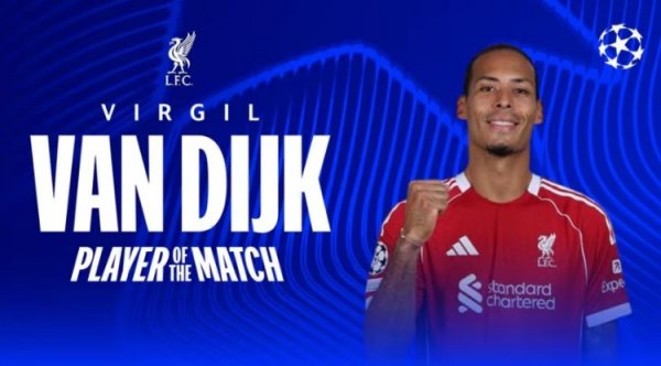 1进球6突围，范戴克当选利物浦5-1客胜法兰克福全场最好球员