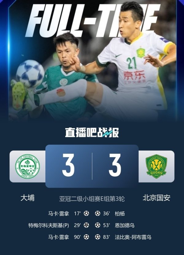 3-3战平国安，大埔刷新三项中国香港球队进入亚冠二级联赛记载