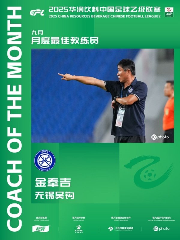 3胜1平且零封！官方：无锡吴钩主进修金奉吉当选中乙9月最好进修