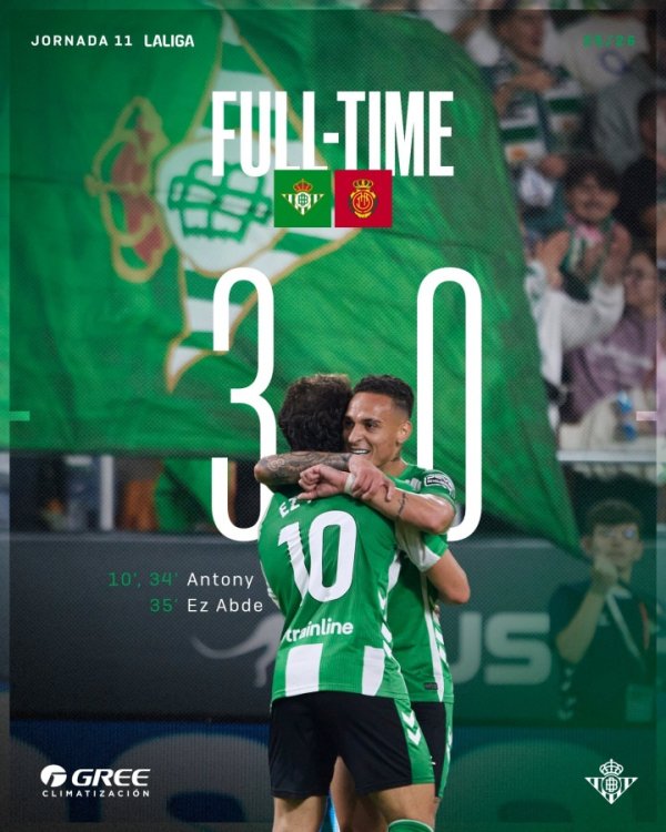 2射1传主管球场！安东尼当选贝蒂斯vs马洛卡全场最好球员