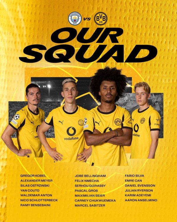 多特欧冠大名单：阿德耶米、萨比策、小贝林厄姆在列，布兰特缺席