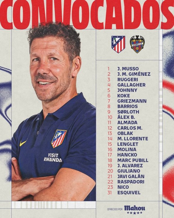 马竞大名单：小蜘蛛、格列兹曼领衔，朱利亚诺-西蒙尼在列