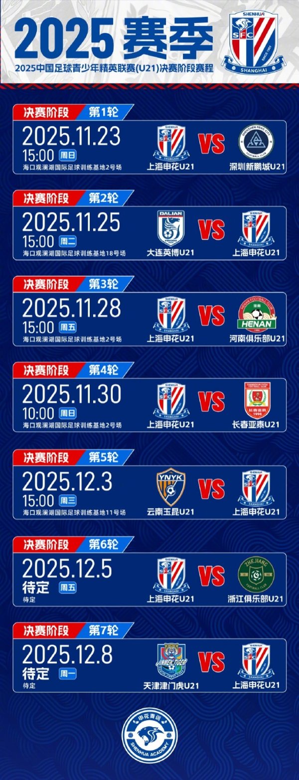 中国足球青少年精英联赛(U21组)决赛阶段申花U21赛程表 ​​​