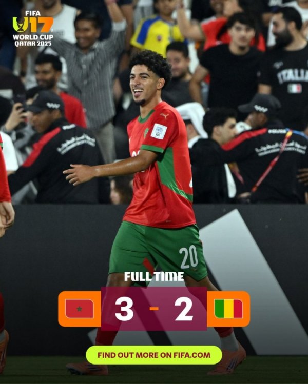 U17寰宇杯1/8决赛摩洛哥3-2打败马里，1/4决赛将对阵巴西