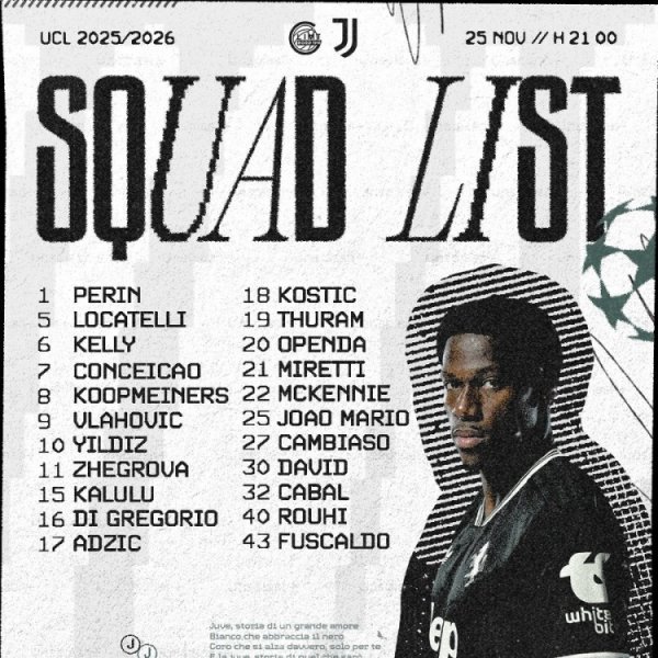 尤文欧冠大名单：弗拉霍维奇、伊尔迪兹、戴维在列