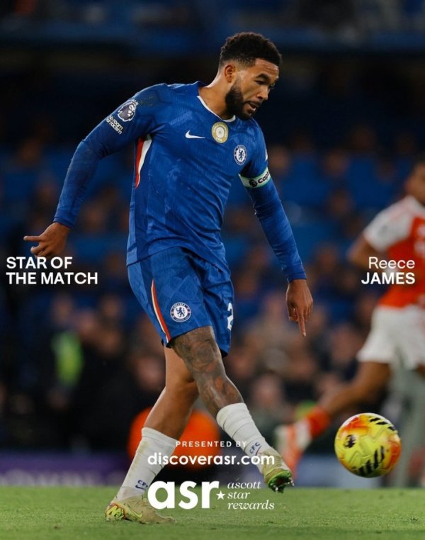 送出助攻，官方：里斯-詹姆斯当选切尔西1-1阿森纳队内最好球员