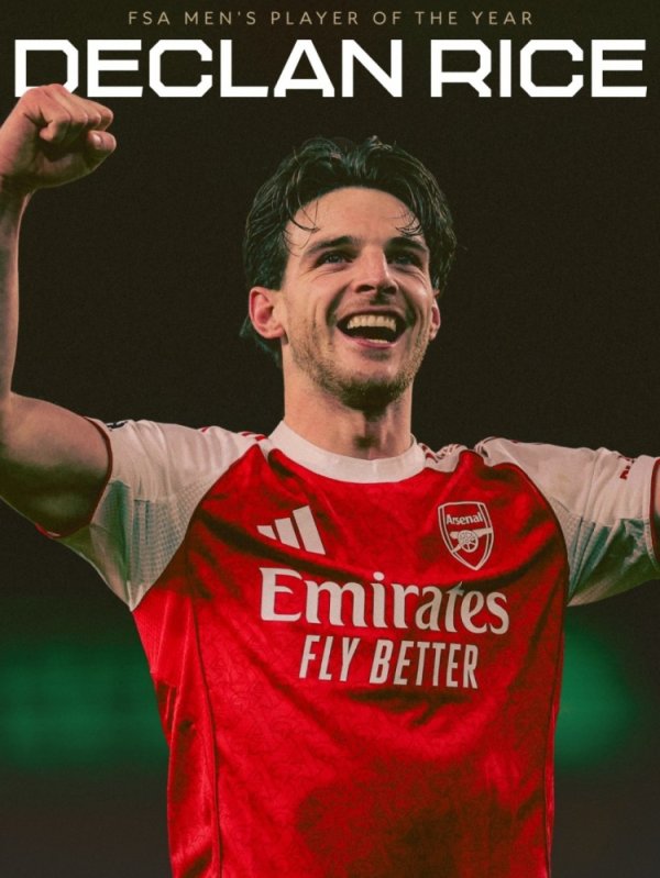 赖斯当选FSA年度最好球员，阿森纳社媒晒海报祝颂：实至名归